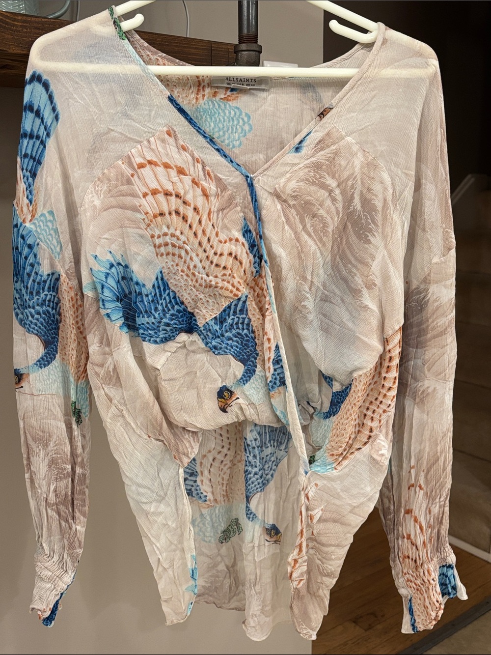 AllSaints Cream Blouse with Blue and Tan Floral Motif